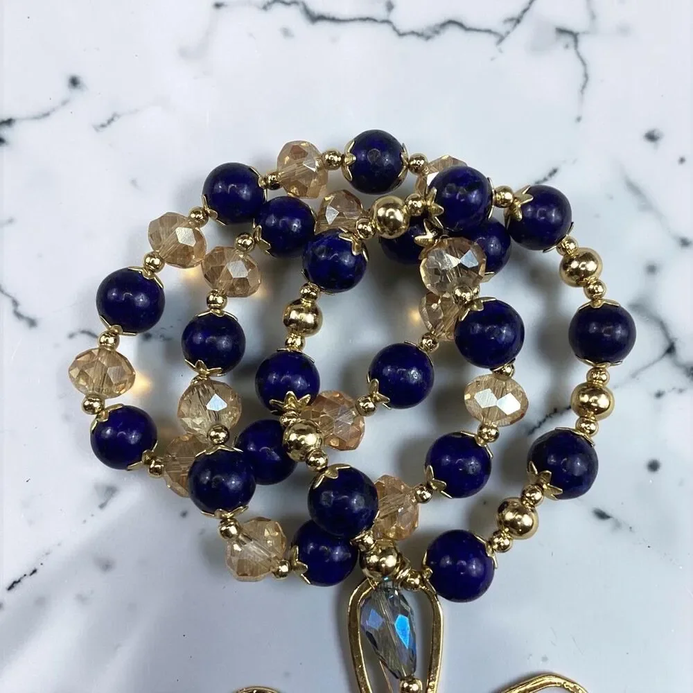 Handmade Mexican 3 Stretch Bracelets Lapis Lazuli Crystal Gold Flower Charm Blue